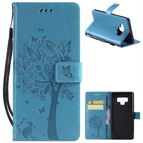 Embossing Butterfly Tree Leather Wallet Case for Samsung Galaxy Note9 - Blue