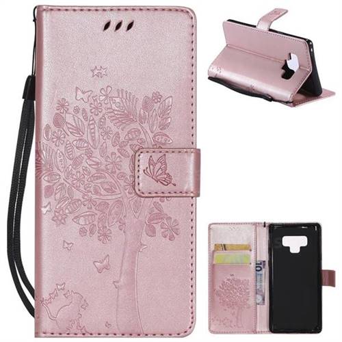 Embossing Butterfly Tree Leather Wallet Case for Samsung Galaxy Note9 - Rose Pink