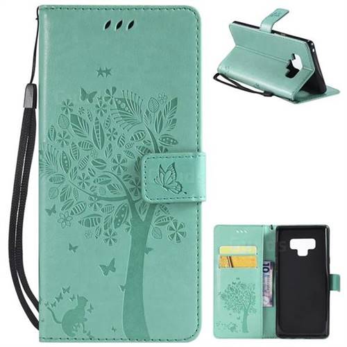 Embossing Butterfly Tree Leather Wallet Case for Samsung Galaxy Note9 - Cyan