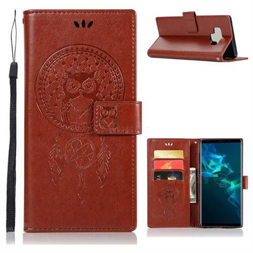 Intricate Embossing Owl Campanula Leather Wallet Case for Samsung Galaxy Note9 - Brown