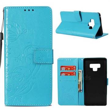 Embossing Butterfly Flower Leather Wallet Case for Samsung Galaxy Note9 - Blue