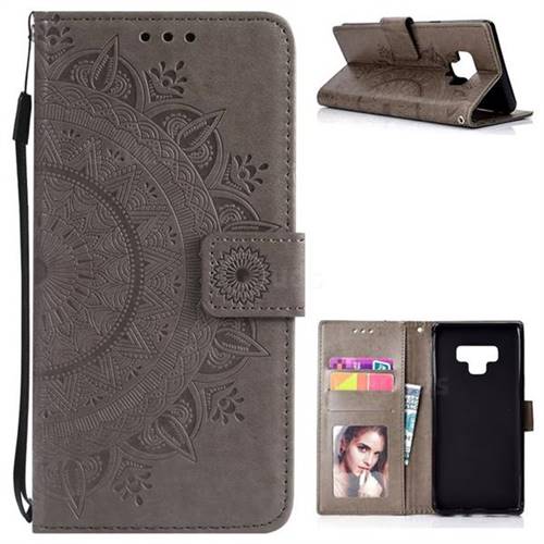 Intricate Embossing Datura Leather Wallet Case for Samsung Galaxy Note9 - Gray