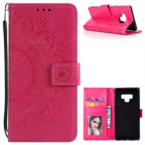 Intricate Embossing Datura Leather Wallet Case for Samsung Galaxy Note9 - Rose Red