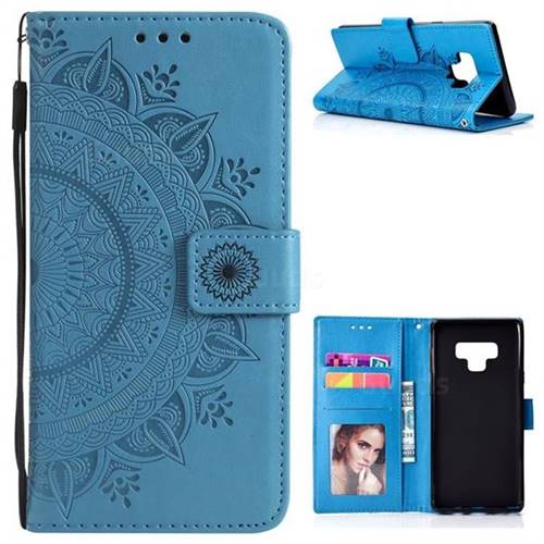 Intricate Embossing Datura Leather Wallet Case for Samsung Galaxy Note9 - Blue