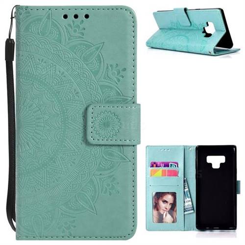 Intricate Embossing Datura Leather Wallet Case for Samsung Galaxy Note9 - Mint Green