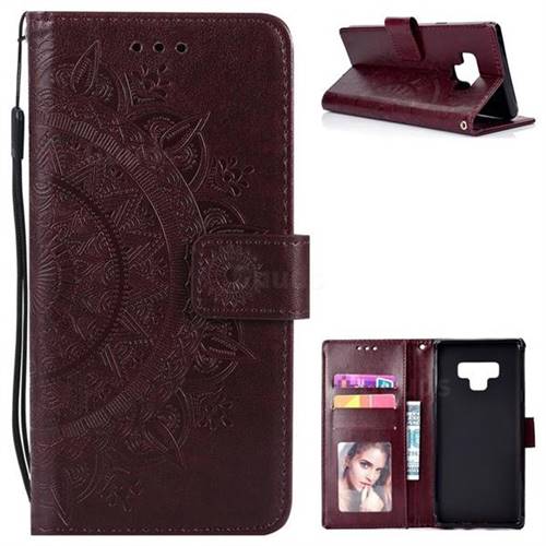 Intricate Embossing Datura Leather Wallet Case for Samsung Galaxy Note9 - Brown