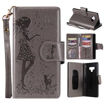 Embossing Cat Girl 9 Card Leather Wallet Case for Samsung Galaxy Note9 - Gray