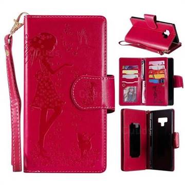Embossing Cat Girl 9 Card Leather Wallet Case for Samsung Galaxy Note9 - Red