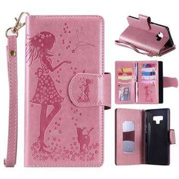 Embossing Cat Girl 9 Card Leather Wallet Case for Samsung Galaxy Note9 - Pink