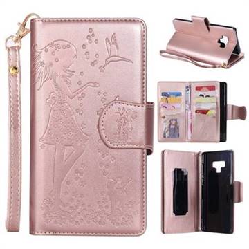 Embossing Cat Girl 9 Card Leather Wallet Case for Samsung Galaxy Note9 - Rose Gold