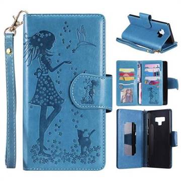 Embossing Cat Girl 9 Card Leather Wallet Case for Samsung Galaxy Note9 - Blue