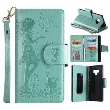Embossing Cat Girl 9 Card Leather Wallet Case for Samsung Galaxy Note9 - Green