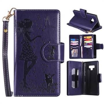 Embossing Cat Girl 9 Card Leather Wallet Case for Samsung Galaxy Note9 - Purple