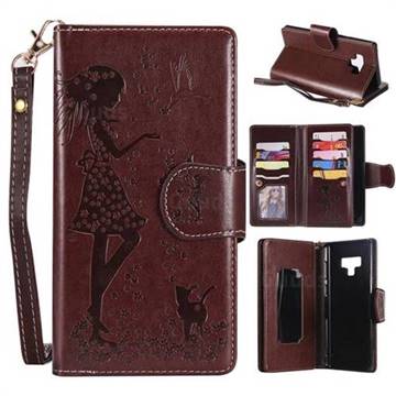 Embossing Cat Girl 9 Card Leather Wallet Case for Samsung Galaxy Note9 - Brown