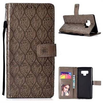 Intricate Embossing Rattan Flower Leather Wallet Case for Samsung Galaxy Note9 - Grey