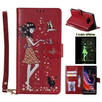 Luminous Flower Girl Cat Leather Wallet Case for Samsung Galaxy Note9 - Red