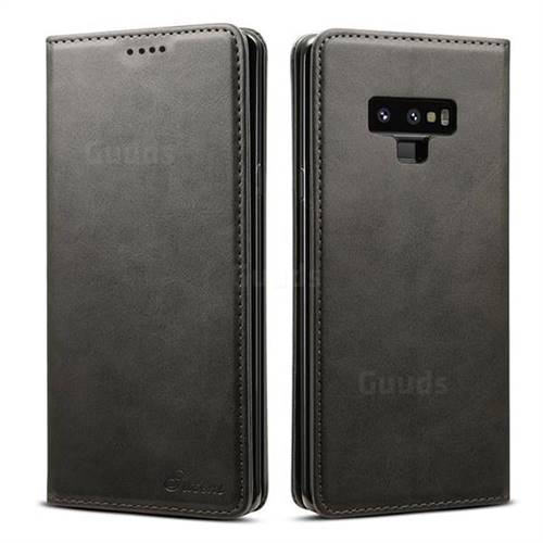 Suteni Simple Style Calf Stripe Leather Wallet Phone Case for Samsung Galaxy Note9 - Black