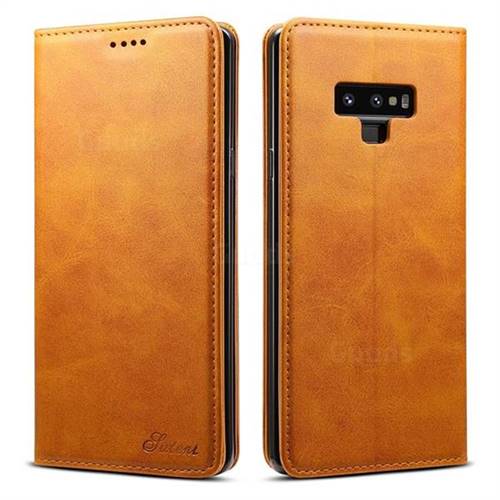 Suteni Simple Style Calf Stripe Leather Wallet Phone Case for Samsung Galaxy Note9 - Khaki