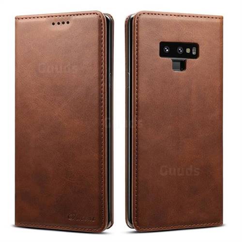 Suteni Simple Style Calf Stripe Leather Wallet Phone Case for Samsung Galaxy Note9 - Brown