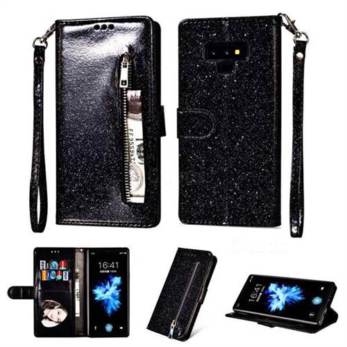 Glitter Shine Leather Zipper Wallet Phone Case for Samsung Galaxy Note9 - Black