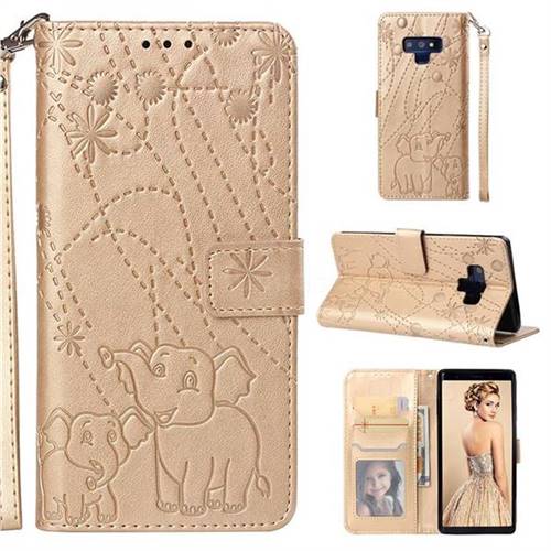 Embossing Fireworks Elephant Leather Wallet Case for Samsung Galaxy Note9 - Golden