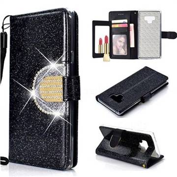 Glitter Diamond Buckle Splice Mirror Leather Wallet Phone Case for Samsung Galaxy Note9 - Black