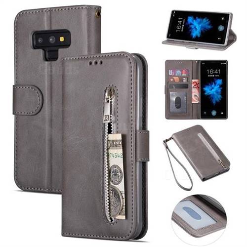 Retro Calfskin Zipper Leather Wallet Case Cover for Samsung Galaxy Note9 - Grey