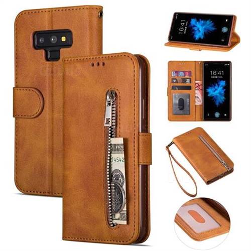 Retro Calfskin Zipper Leather Wallet Case Cover for Samsung Galaxy Note9 - Brown