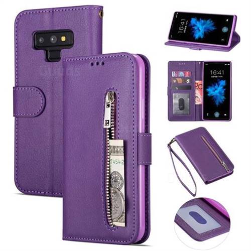Retro Calfskin Zipper Leather Wallet Case Cover for Samsung Galaxy Note9 - Purple