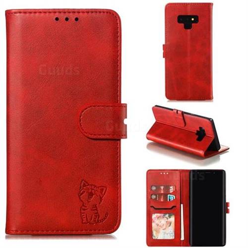 Embossing Happy Cat Leather Wallet Case for Samsung Galaxy Note9 - Red