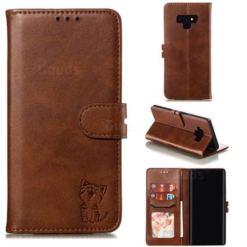 Embossing Happy Cat Leather Wallet Case for Samsung Galaxy Note9 - Brown