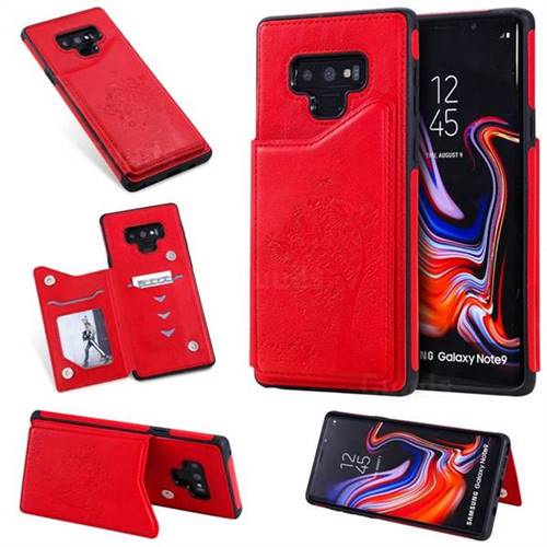 Luxury Tree and Cat Multifunction Magnetic Card Slots Stand Leather Phone Back Cover for Samsung Galaxy Note9 - Red