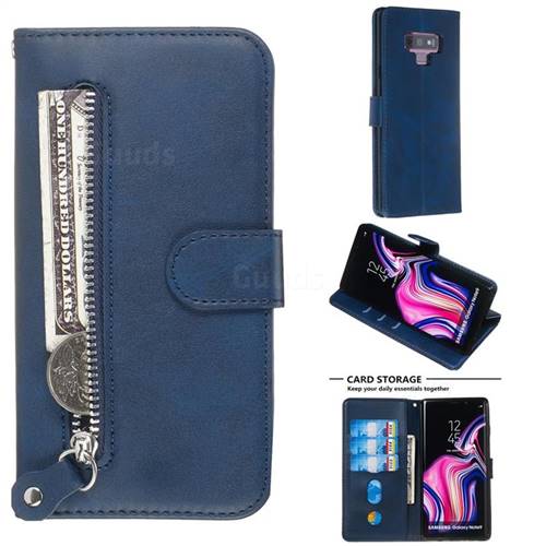 Retro Luxury Zipper Leather Phone Wallet Case for Samsung Galaxy Note9 - Blue