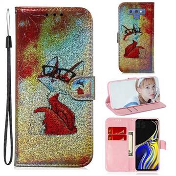 Glasses Fox Laser Shining Leather Wallet Phone Case for Samsung Galaxy Note9