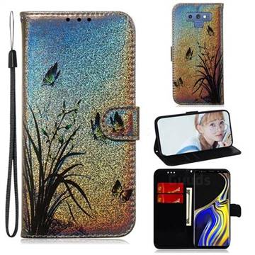Butterfly Orchid Laser Shining Leather Wallet Phone Case for Samsung Galaxy Note9