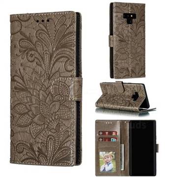 Intricate Embossing Lace Jasmine Flower Leather Wallet Case for Samsung Galaxy Note9 - Gray