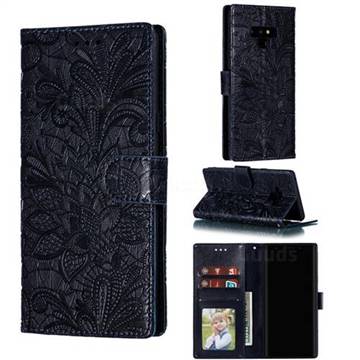 Intricate Embossing Lace Jasmine Flower Leather Wallet Case for Samsung Galaxy Note9 - Dark Blue