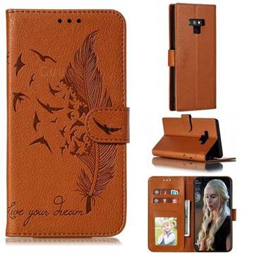 Intricate Embossing Lychee Feather Bird Leather Wallet Case for Samsung Galaxy Note9 - Brown
