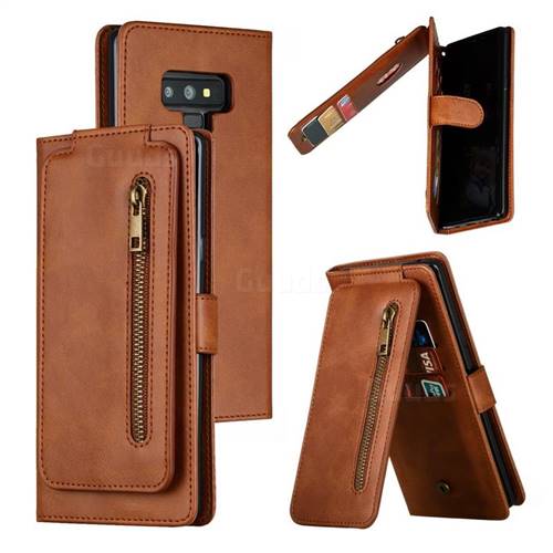 Multifunction 9 Cards Leather Zipper Wallet Phone Case for Samsung Galaxy Note9 - Brown