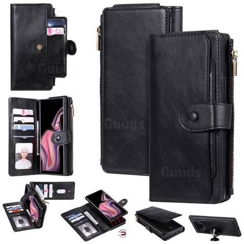 Retro Multifunction Zipper Magnetic Separable Leather Phone Case Cover for Samsung Galaxy Note9 - Black