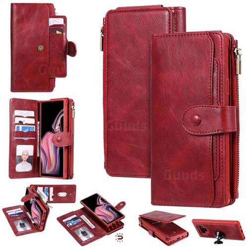 Retro Multifunction Zipper Magnetic Separable Leather Phone Case Cover for Samsung Galaxy Note9 - Red