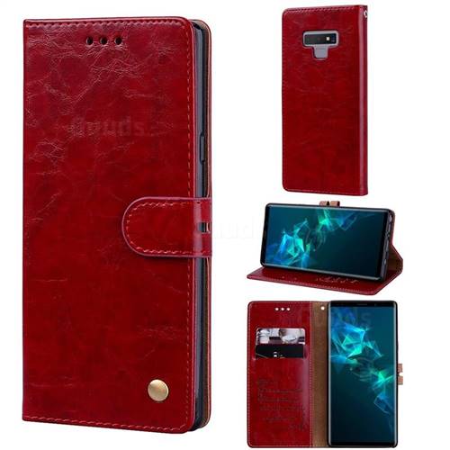 Luxury Retro Oil Wax PU Leather Wallet Phone Case for Samsung Galaxy Note9 - Brown Red
