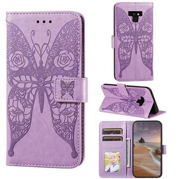 Intricate Embossing Rose Flower Butterfly Leather Wallet Case for Samsung Galaxy Note9 - Purple