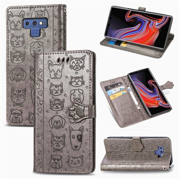 Embossing Dog Paw Kitten and Puppy Leather Wallet Case for Samsung Galaxy Note9 - Gray