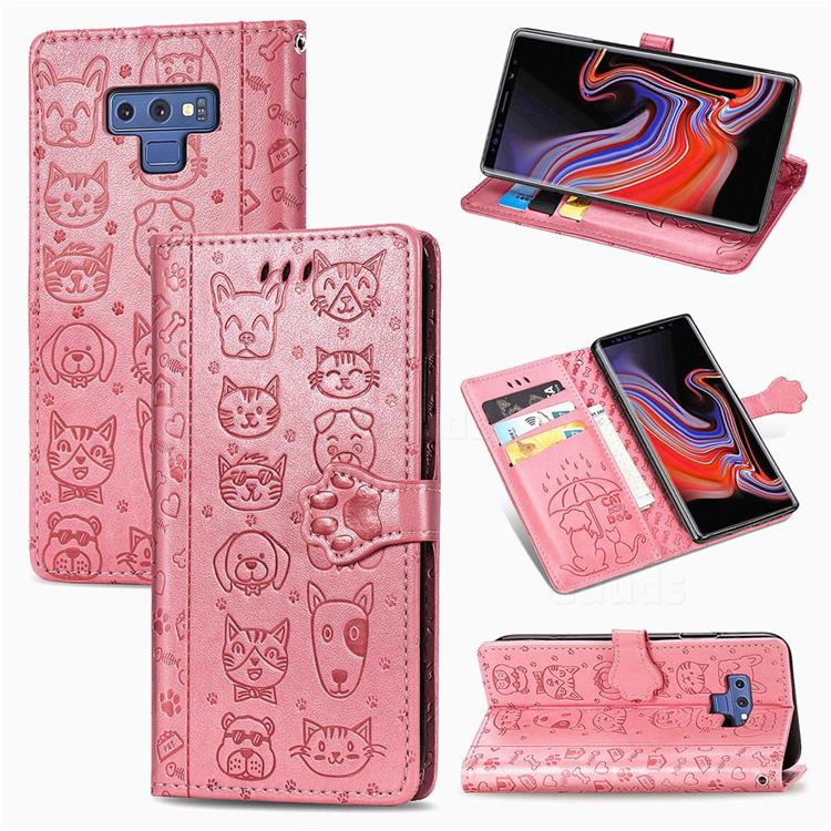 Embossing Dog Paw Kitten and Puppy Leather Wallet Case for Samsung Galaxy Note9 - Pink