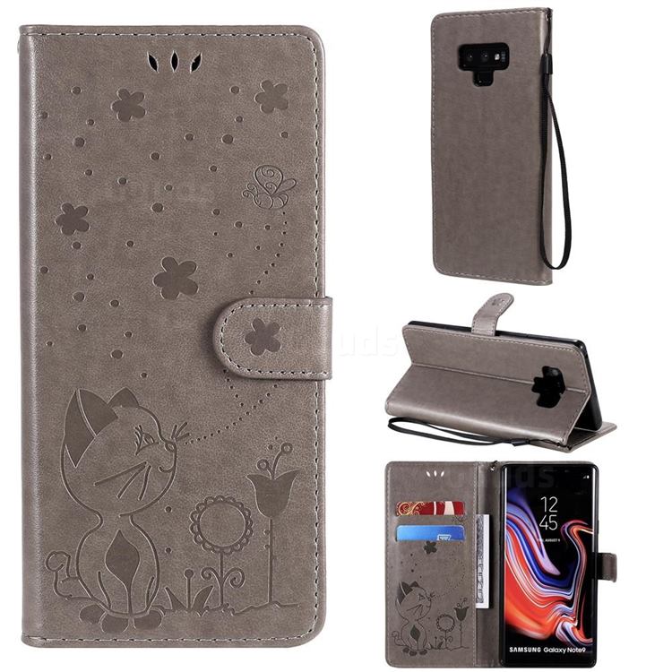 Embossing Bee and Cat Leather Wallet Case for Samsung Galaxy Note9 - Gray