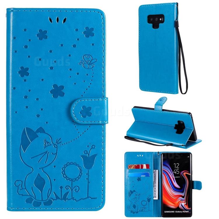 Embossing Bee and Cat Leather Wallet Case for Samsung Galaxy Note9 - Blue