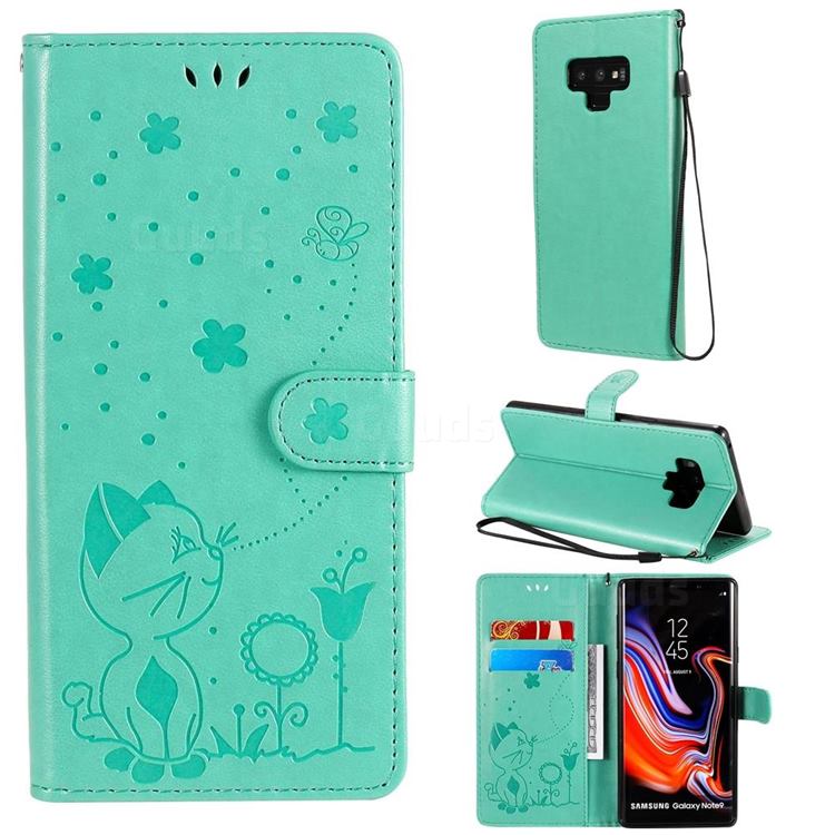 Embossing Bee and Cat Leather Wallet Case for Samsung Galaxy Note9 - Green