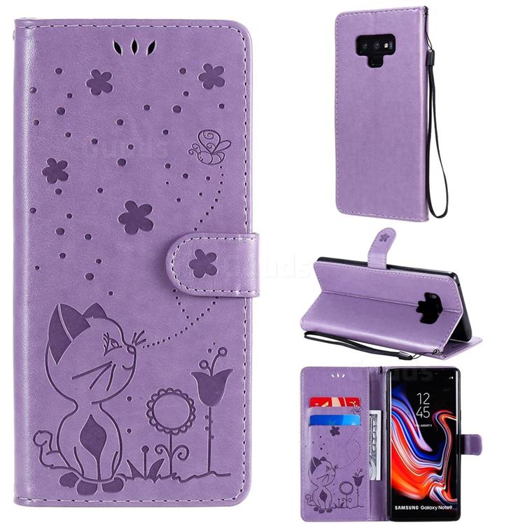 Embossing Bee and Cat Leather Wallet Case for Samsung Galaxy Note9 - Purple