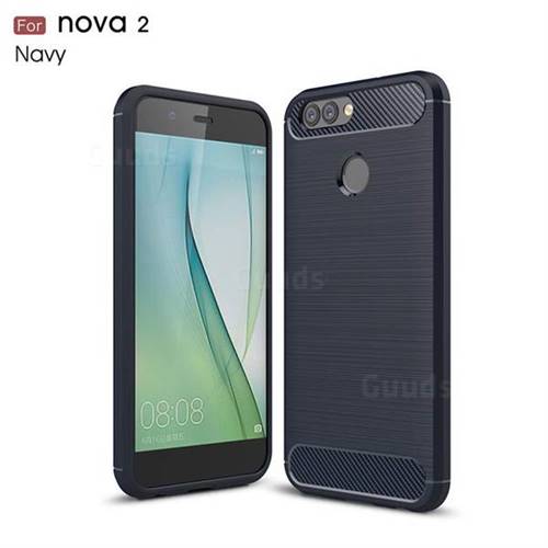 Luxury Carbon Fiber Brushed Wire Drawing Silicone TPU Back Cover for Huawei Nova 2 (Navy)